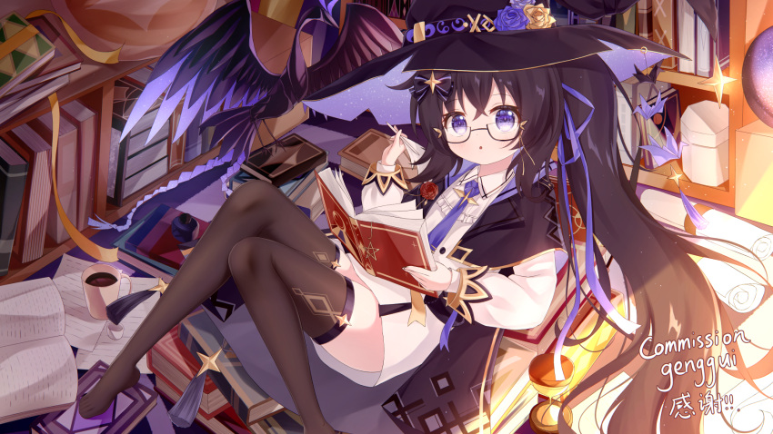 1girl :o barefoot black_hair black_thighhighs book commission full_body glasses hat highres holding holding_book looking_at_viewer lying no_shoes on_back origami original paper_crane ponytail purple_eyes thighhighs witch witch_hat yottacc