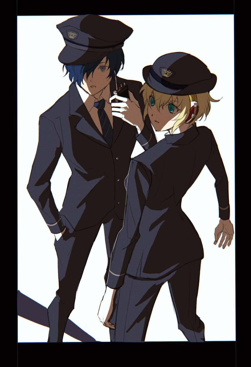 1boy 1girl aegis_(persona) alternate_costume arms_at_sides black_border blonde_hair blue_eyes blue_hair blue_headwear blue_jacket blue_necktie blue_pants border chromatic_aberration collared_shirt commentary_request feet_out_of_frame film_grain grey_eyes hair_over_one_eye hand_in_pocket hand_up hat highres holding_walkie-talkie jacket joowon_(jju_oon) korean_commentary long_sleeves looking_ahead necktie pants parted_lips persona persona_3 police police_hat police_uniform shirt short_hair simple_background standing striped_necktie uniform walkie-talkie white_background white_shirt wing_collar yuuki_makoto