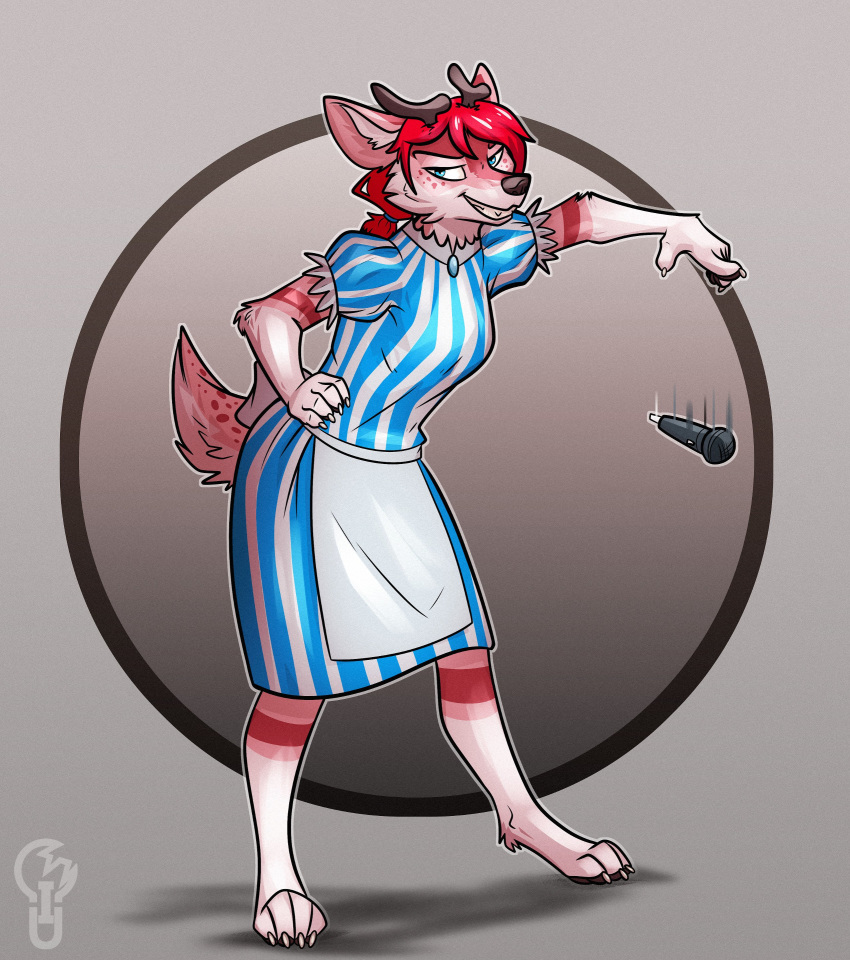 2018 anthro apron black_nose blue_dress canine cervine clothing digitigrade dress female fur hair hairband hand_on_hip hi_res hybrid looking_at_viewer mammal melinda_lou_"wendy"_thomas mic_drop pink_fur red_hair signature simple_background solo teeth wendy's_old_fashioned_hamburgers wolf zillion_ross