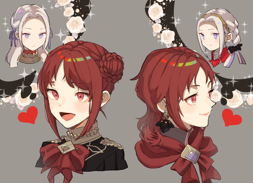 2girls age_progression blush braid earrings edelgard_von_hresvelg fire_emblem fire_emblem:_three_houses fire_emblem_warriors:_three_hopes garreg_mach_monastery_uniform hair_ribbon highres jewelry monica_von_ochs multiple_girls official_alternate_costume official_alternate_hairstyle open_mouth purple_eyes purple_ribbon ribbon smile white_hair yachimata_1205