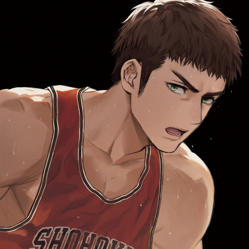 1boy aqua_eyes basketball_jersey basketball_uniform black_background brown_hair foxda25 highres looking_at_viewer male_focus medium_sideburns mitsui_hisashi muscular muscular_male open_mouth pectoral_cleavage pectorals red_tank_top short_hair sidepec simple_background slam_dunk_(series) solo sportswear sweat tank_top upper_body v-shaped_eyebrows