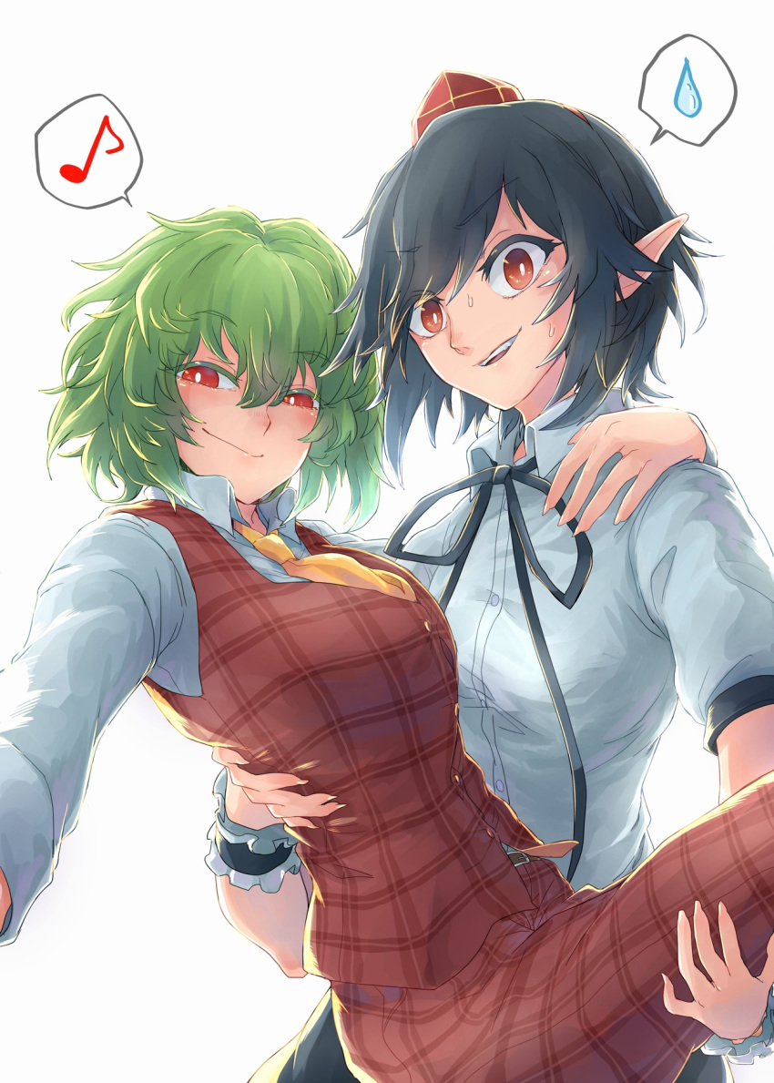 arm_around_back ascot bangs belt between_breasts black_hair black_neckwear breasts bright_background carrying closed_mouth collared_shirt eighth_note eyebrows green_hair hair_between_eyes half-closed_eyes hand_on_another's_back hand_on_another's_shoulder hat highres kazami_yuuka long_sleeves looking_at_viewer medium_hair multiple_girls musical_note necktie necktie_between_breasts open_mouth orange_neckwear pants plaid plaid_pants plaid_vest pointy_ears princess_carry red_eyes red_pants red_vest retora shameimaru_aya shirt short_sleeves smile spoken_musical_note spoken_sweatdrop sweat sweatdrop tokin_hat touhou upper_body v-shaped_eyebrows vest white_pupils white_shirt wristband