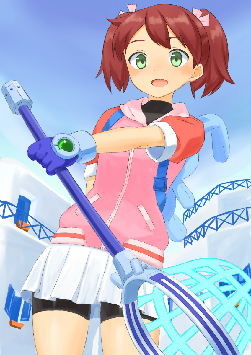 1girl absurdres bike_shorts blush_stickers brown_hair butterfly_net gloves green_eyes hair_ribbon hand_net highres holding jacket long_hair looking_at_viewer na_(user_pzgz2338) open_mouth ribbon saru_getchu sayaka_(saru_getchu) short_twintails shorts shorts_under_skirt skirt smile solo twintails white_skirt