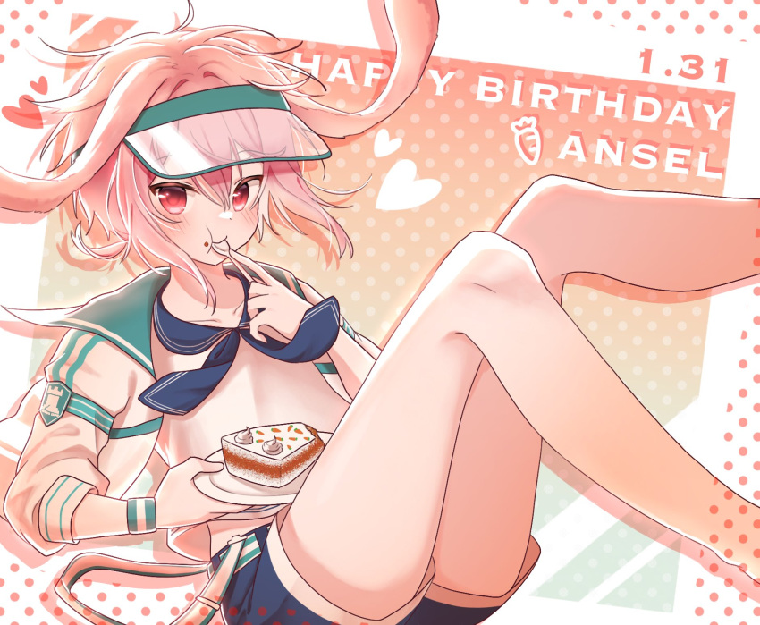 1boy :t animal_ears ansel_(arknights) ansel_(casual_vacation)_(arknights) arknights bare_legs blue_neckerchief blue_shorts blush cake cake_slice commentary english_commentary feet_out_of_frame food food_on_face green_background halftone highres holding holding_food holding_plate jacket looking_at_viewer lop_rabbit_ears male_focus neckerchief official_alternate_costume pink_background pink_hair plate rabbit_boy rabbit_ears red_eyes rinzy shirt short_hair shorts solo visor_cap white_jacket white_shirt