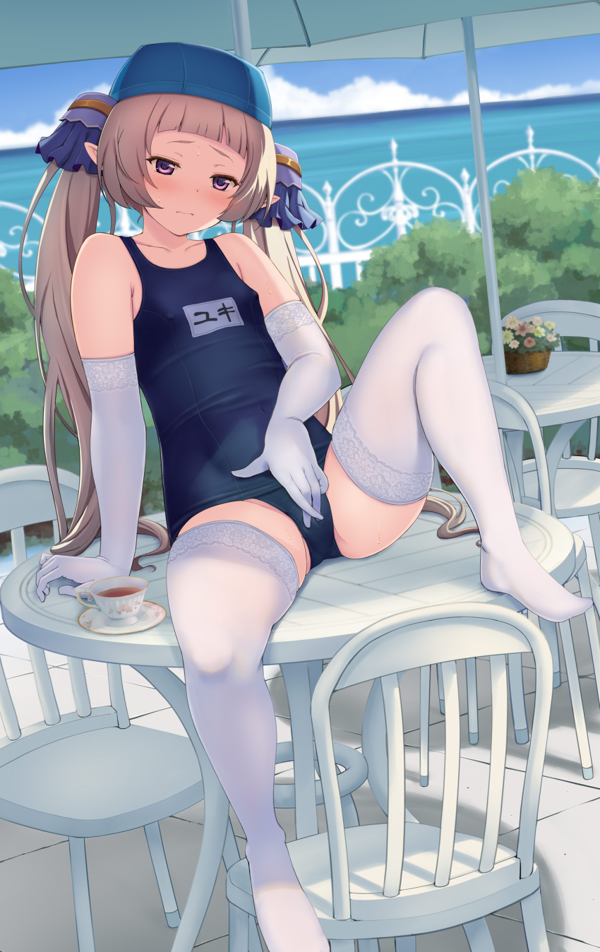 1boy arm_support blue_one-piece_swimsuit blunt_bangs blush bulge chair collarbone commentary_request commission covered_navel covered_nipples cup day dutch_angle elbow_gloves frown gloves grey_hair half-closed_eyes highres knee_up lace-trimmed_gloves lace-trimmed_thighhighs lace_trim leaning_back long_hair looking_at_viewer male_focus male_masturbation masturbation masturbation_through_clothes name_tag nishiyama_maruta old_school_swimsuit on_table one-piece_swimsuit otoko_no_ko outdoors paid_reward_available parasol pixiv_commission princess_connect! public_indecency public_masturbation purple_eyes school_swimsuit shade sitting solo spread_legs sweat swim_cap swimsuit table taut_clothes taut_swimsuit tea teacup thighhighs twintails umbrella variant_set white_gloves white_thighhighs yuki_(princess_connect!)