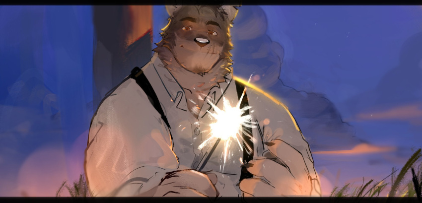 1boy animal_ears bara brown_eyes claws cloud cloudy_sky coyote_boy dusk echo_project fireworks furry furry_male highres holding_fireworks looking_at_viewer makfuno male_focus scar scar_on_face scar_on_mouth shirt sky smile sparkler suspenders the_smoke_room upper_body white_shirt william_adler_(the_smoke_room) wolf_ears