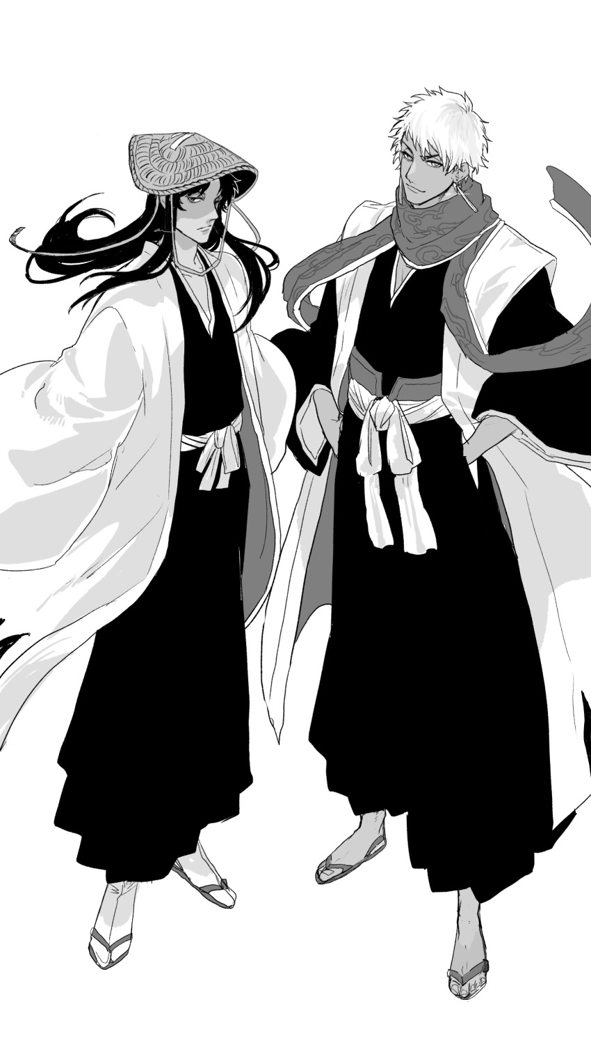 2boys a_nzi_end absurdres bleach dark-skinned_male dark_skin earrings expressionless floating_hair floating_scarf full_body greyscale hakama hands_in_pockets haori hat highres japanese_clothes japanese_hat jewelry long_hair looking_at_viewer male_focus monochrome multiple_boys obi outogawa_furuoki sandals sash scarf shihakusho shihouin_chika shinigami smile straw_hat taichou_haori waraji white_background wide_sleeves