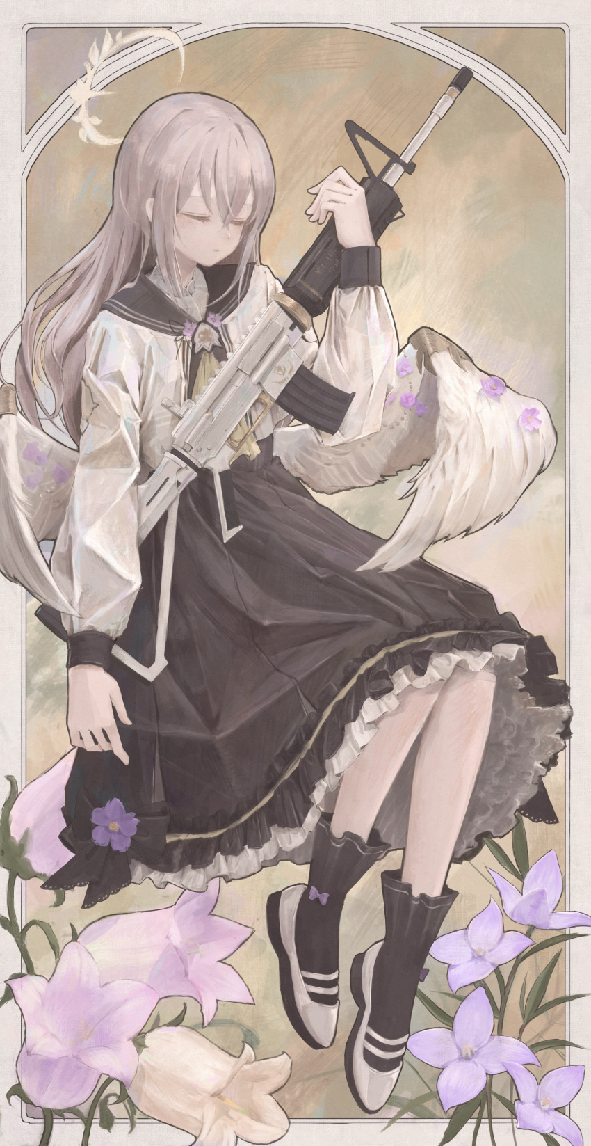 1girl absurdres ascot assault_rifle azusa_(blue_archive) black_socks blue_archive closed_eyes crossed_bangs dress dress_flower feathered_wings floral_background frilled_dress frilled_socks frills full_body gun halo highres holding holding_gun holding_weapon jacket kinakojojo long_hair long_sleeves loose_socks low_wings m4_carbine outside_border pleated_dress rifle sidelocks socks solo weapon white_footwear white_hair white_jacket wing_ornament wings yellow_ascot