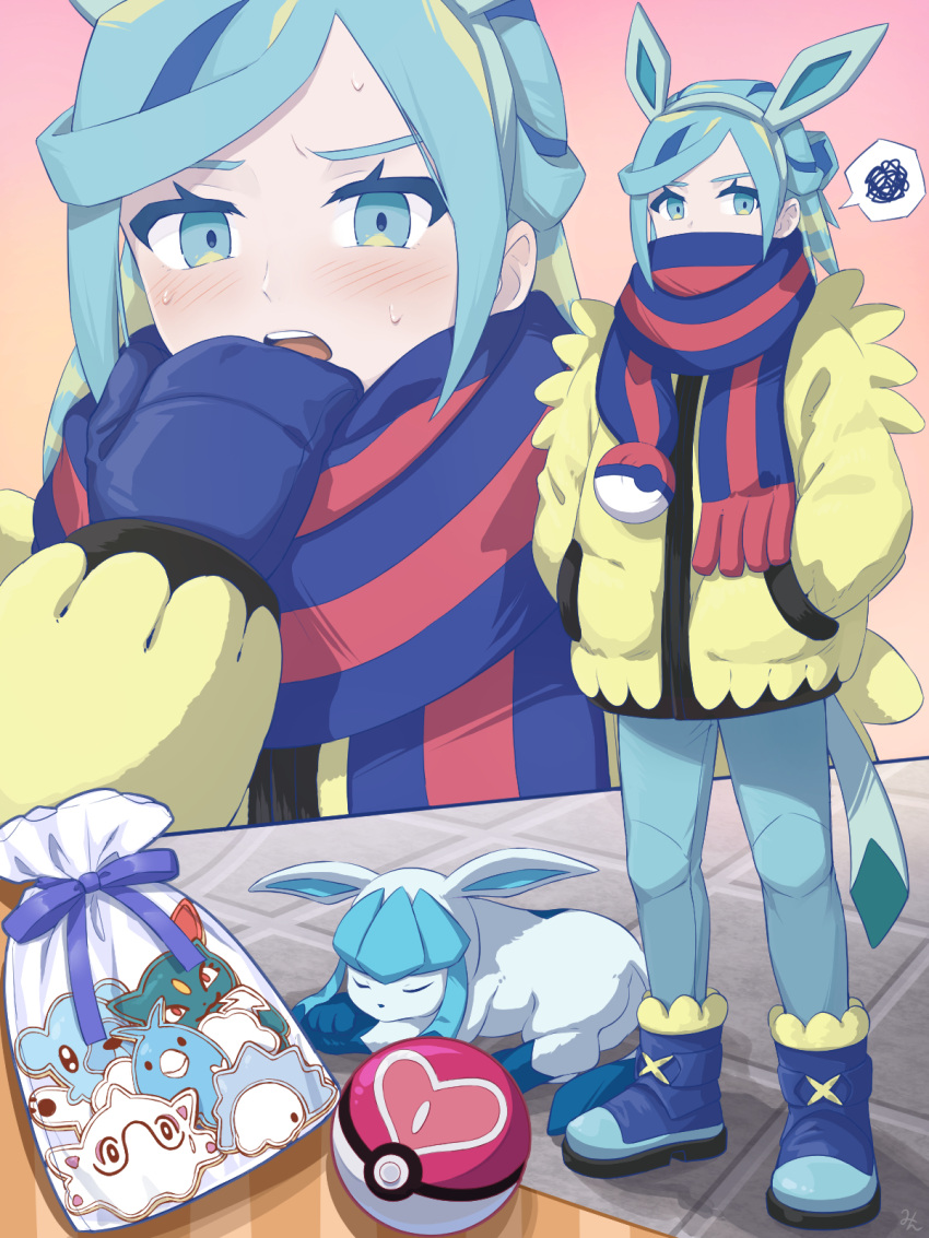 1boy blue_footwear blue_mittens blue_scarf blush boots cetoddle cubchoo glaceon grusha_(pokemon) hairband hand_up hands_in_pockets highres jacket long_sleeves love_ball male_focus min_(myna8247) mittens open_mouth pants poke_ball poke_ball_print pokemon_ears scarf scarf_over_mouth sneasel snom spoken_squiggle squiggle standing striped_clothes striped_scarf swablu sweat teeth upper_teeth_only yellow_jacket