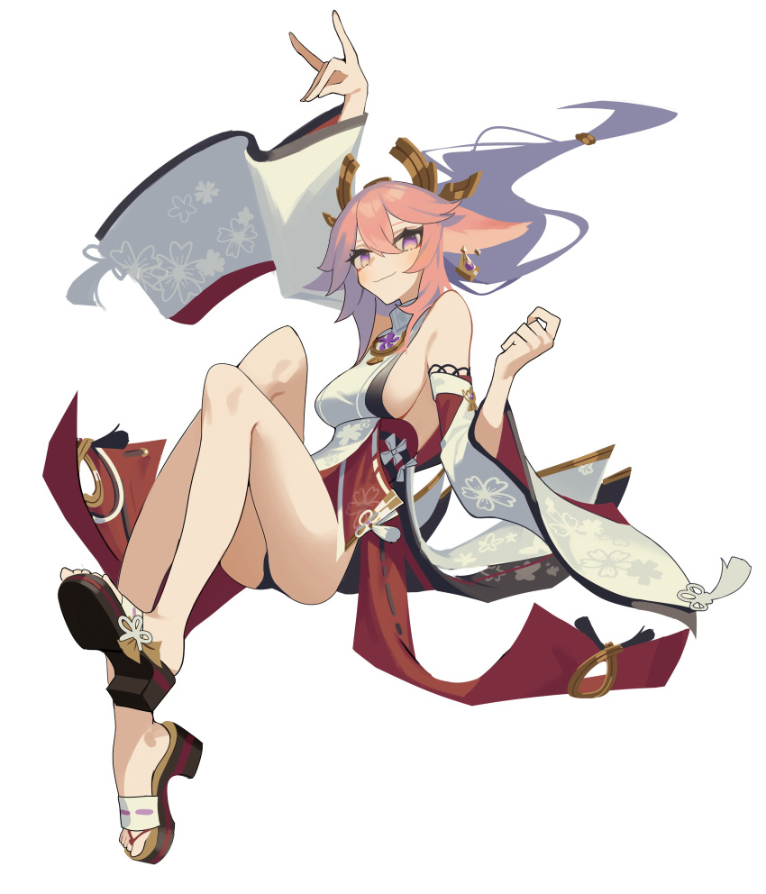 1girl absurdres animal_ears breasts closed_mouth fox_ears fox_girl fox_shadow_puppet full_body genshin_impact ghost_(tama) hand_up highres japanese_clothes kimono legs pink_hair purple_eyes sandals sideboob simple_background solo thighs white_background yae_miko