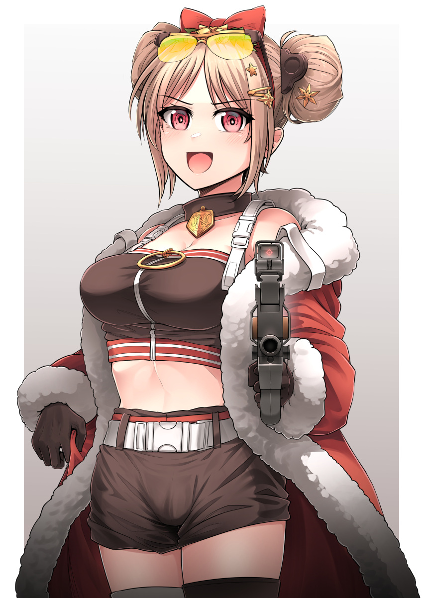 1girl absurdres black_gloves black_shorts black_thighhighs blush bow breasts bullpup cleavage coat collar commission double_bun english_commentary eyewear_on_head fur-trimmed_coat fur_trim girls'_frontline gloves gradient_background grey_background gun hair_bow hair_bun hair_ornament hairclip highres holding holding_gun holding_weapon light_brown_hair official_alternate_costume open_mouth p90 p90_(girls'_frontline) p90_(scarlet_turbo)_(girls'_frontline) pixiv_commission pointing pointing_at_viewer red_bow red_coat red_eyes scope senpaihawkkun shorts smile solo star_(symbol) star_hair_ornament submachine_gun thighhighs two-tone_background weapon white_background
