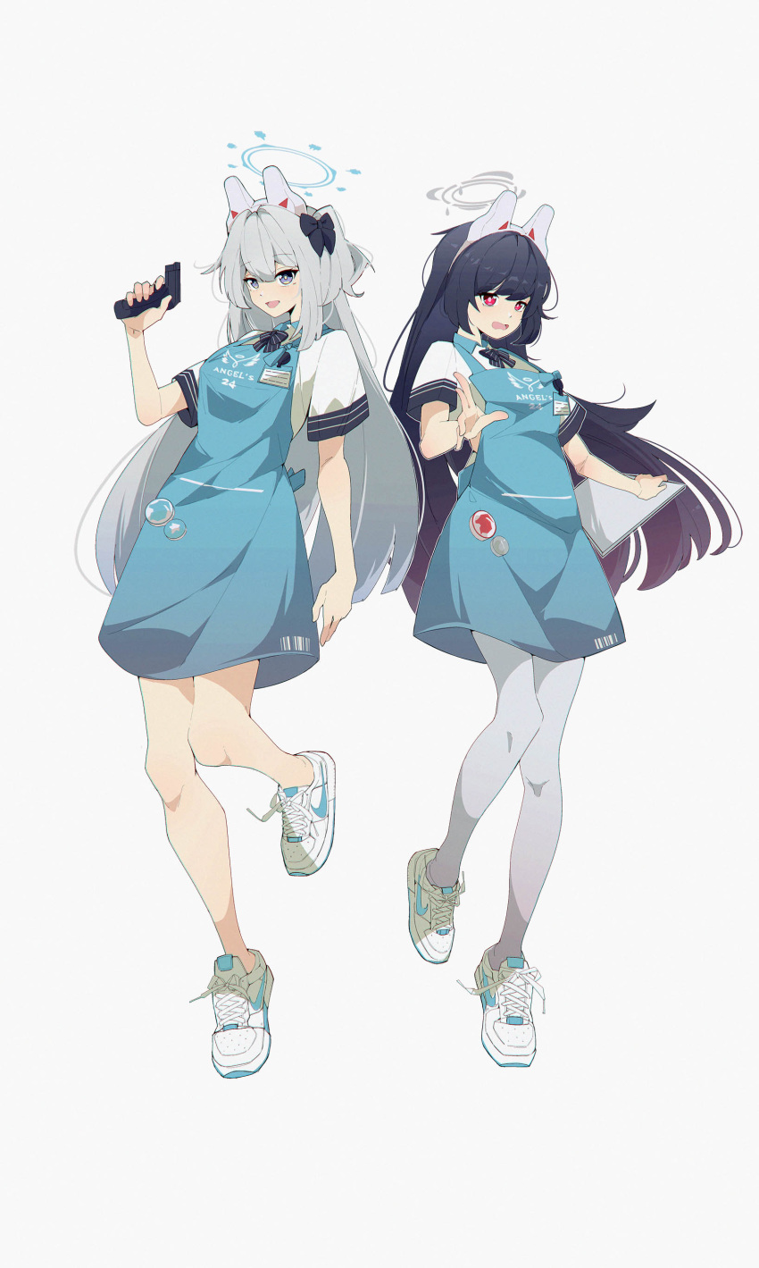 2girls absurdres angel's_24_uniform_(blue_archive) animal_ears apron barcode_scanner black_bow black_hair blue_apron blue_archive blue_halo bow collared_shirt english_commentary fake_animal_ears full_body hair_between_eyes hair_bow halo highres holding holding_scanner holding_tray id_card long_hair miyako_(blue_archive) miyu_(blue_archive) multiple_girls nike open_mouth pantyhose postalworks purple_eyes rabbit_ears red_eyes shirt shoes short_sleeves simple_background sneakers tray very_long_hair white_background white_footwear white_hair white_halo white_pantyhose white_shirt