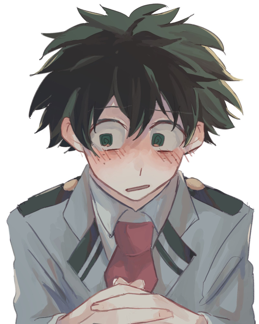 1boy black_hair blush boku_no_hero_academia commentary_request crossed_fingers green_eyes highres looking_to_the_side machida_0906 male_focus midoriya_izuku necktie red_necktie school_uniform shirt short_hair simple_background solo upper_body white_background white_shirt