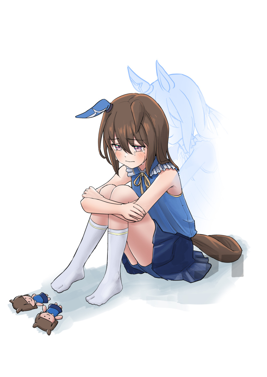 1girl absurdres admire_vega's_twin_sister_(umamusume) admire_vega_(umamusume) animal_ears artist_logo blue_shirt blue_shorts blue_skirt brown_hair character_doll closed_mouth collar collared_shirt commentary crying crying_with_eyes_open earrings ears_down frilled_collar frills frown ghost highres horse_ears horse_girl horse_tail hug hug_from_behind hugging_own_legs jewelry jtleeklm medium_hair miniskirt no_shoes purple_eyes sad shadow shirt shorts shorts_under_skirt simple_background single_earring sitting skirt sleeveless sleeveless_shirt socks solo tail tears umamusume white_background white_socks