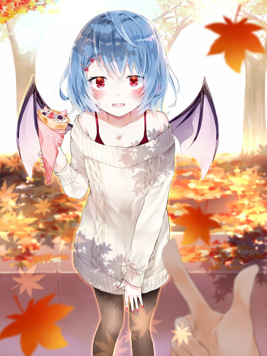 alternate_costume aran_sweater autumn_leaves bat_wings black_legwear blue_hair blurry blurry_foreground blush collarbone contemporary crepe day demon_wings depth_of_field dress eyebrows_visible_through_hair fangs feet_out_of_frame food fruit hair_between_eyes hair_ornament hairclip heart heart_necklace highres holding holding_food index_finger_raised jewelry leaf long_sleeves looking_at_viewer maple_leaf nail_polish necklace no_hat no_headwear off-shoulder_dress off_shoulder open_mouth out_of_frame outdoors pantyhose pov pov_hands red_eyes red_nails remilia_scarlet shiny shiny_hair short_dress short_hair solo_focus standing strawberry sweater sweater_dress touhou tree white_sweater wings yurara_(aroma42enola)
