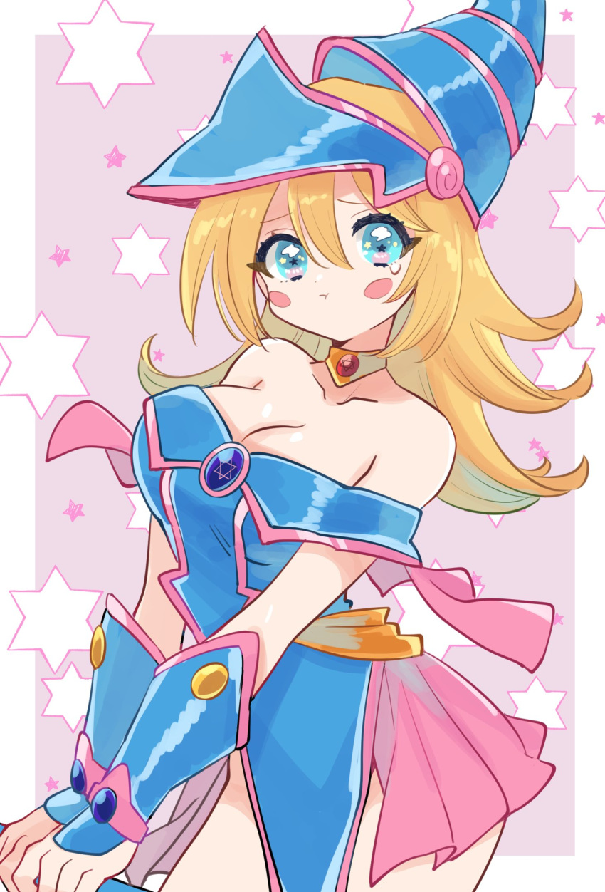 1girl :t aqua_eyes bare_shoulders blonde_hair blue_dress blue_headwear blush_stickers bracer breasts cleavage closed_mouth collarbone dark_magician_girl dot_nose dress duel_monster gem gold_choker hair_between_eyes hat highres holding holding_wand large_breasts long_hair looking_at_viewer pentacle pink_background pink_dress pink_headwear pink_skirt pink_trim pout red_gemstone saito_katuo skirt solo star_(symbol) star_in_eye starry_background symbol_in_eye tearing_up thighs two-tone_dress two-tone_headwear v_arms wand white_background wizard_hat yu-gi-oh! yu-gi-oh!_duel_monsters