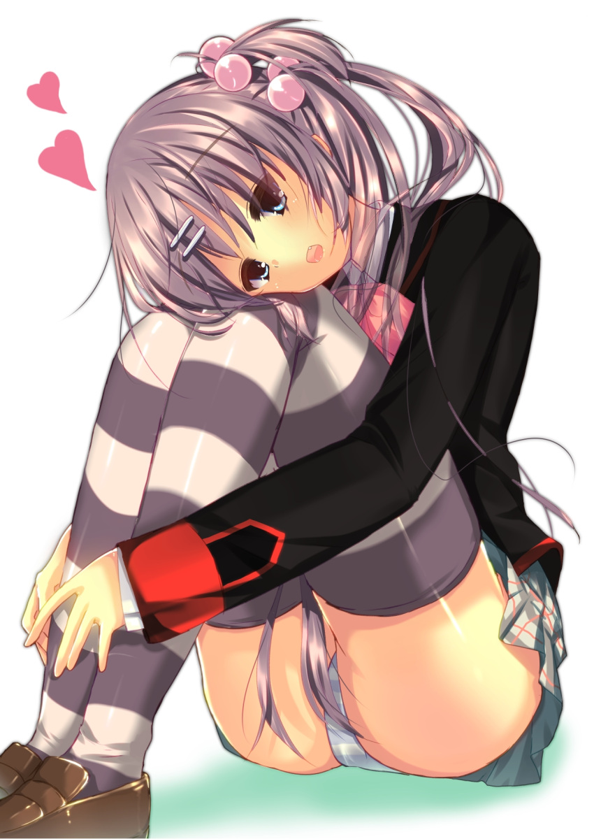 1girl black_jacket blue_eyes blush bow commentary_request eyes_visible_through_hair fang feet_out_of_frame grey_background grey_skirt hair_between_eyes hair_bobbles hair_ornament hairclip head_tilt heart highres hugging_own_legs humuyun jacket knees_up leaning_forward legs_together little_busters! little_busters!_school_uniform long_hair long_sleeves looking_at_viewer miniskirt one_side_up open_mouth panties panty_peek partial_commentary pink_bow plaid plaid_skirt purple_hair saigusa_haruka school_uniform side_ponytail simple_background sitting skirt smile solo striped_clothes striped_panties thighs underwear very_long_hair