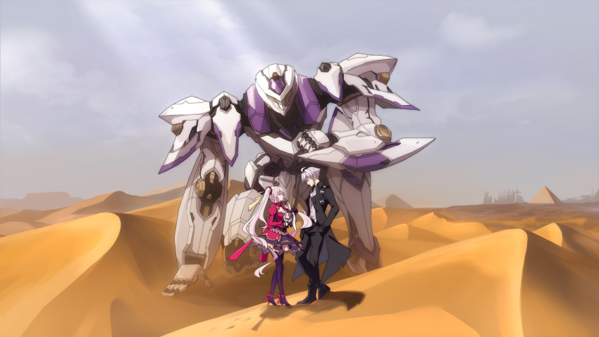 1boy 1girl becas_shannam_(iron_saga) black_coat coat crown desert full_body highres holding holding_stuffed_toy iron_saga long_hair mecha mini_crown official_art outdoors pink_hair pyramid_(structure) robot second-party_source slokai_(iron_saga) stuffed_toy twintails vassago_(iron_saga) white_hair