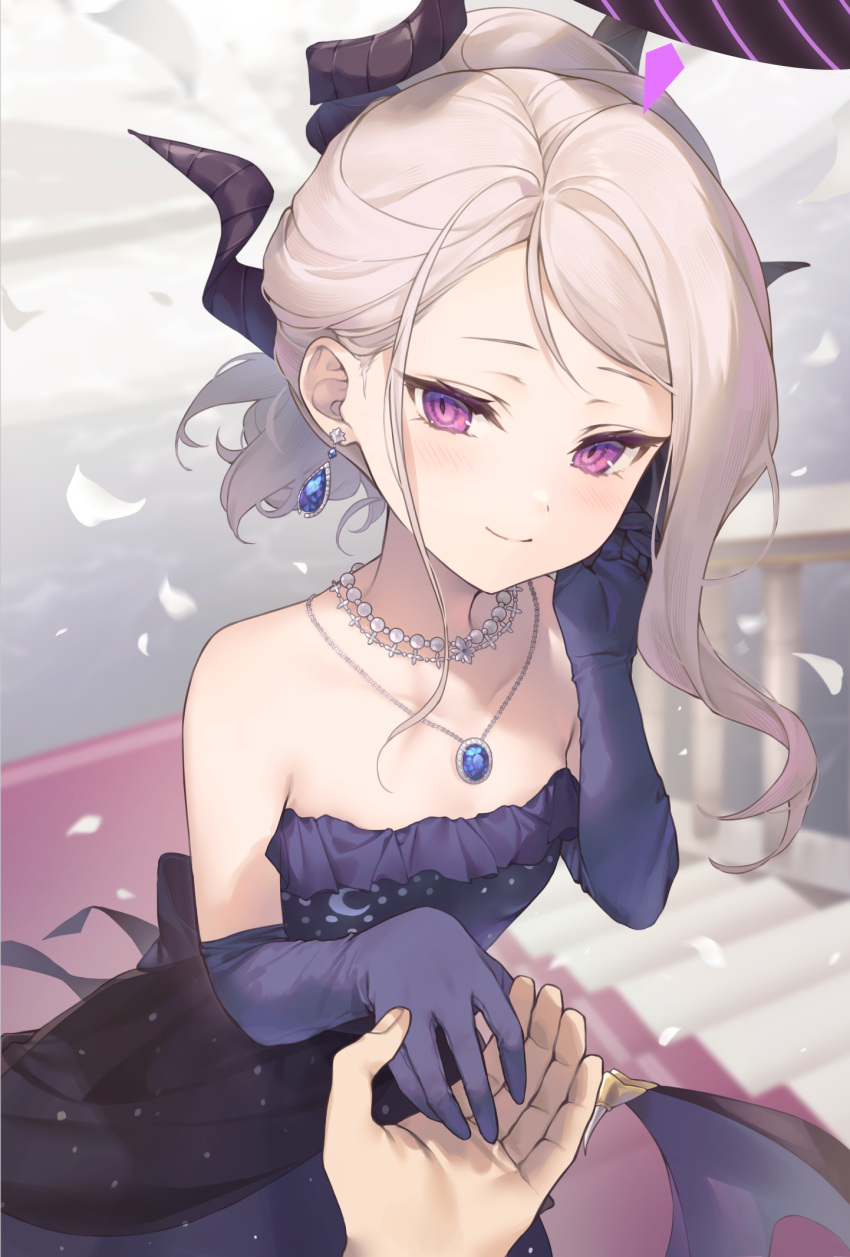 1girl black_horns blue_archive blush breasts closed_mouth dangle_earrings demon_horns demon_wings dress earrings elbow_gloves gloves grey_hair highres hina_(blue_archive) hina_(dress)_(blue_archive) horns jewelry long_hair looking_at_viewer multiple_horns necklace official_alternate_costume official_alternate_hairstyle pendant purple_dress purple_eyes purple_gloves purple_wings shiidap small_breasts smile solo_focus strapless strapless_dress wings