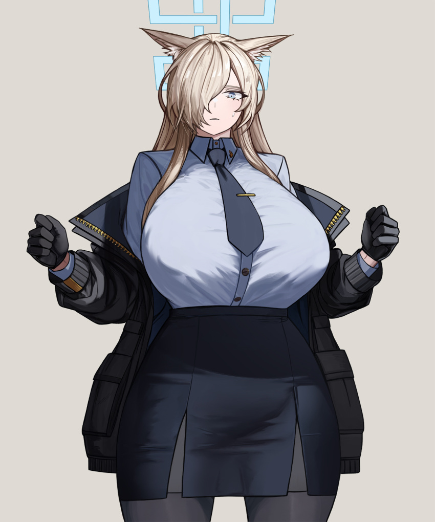 1girl animal_ear_fluff animal_ears black_gloves black_pantyhose blonde_hair blue_archive blue_eyes blue_necktie blue_shirt breasts collared_shirt cowboy_shot dog_ears fkskii65 gloves hair_over_one_eye halo hands_up highres huge_breasts jacket kanna_(blue_archive) long_hair long_sleeves necktie off_shoulder open_clothes open_jacket pantyhose parted_bangs pencil_skirt shirt shirt_tucked_in skirt solo sweatdrop taut_clothes taut_shirt taut_skirt thighs tie_clip