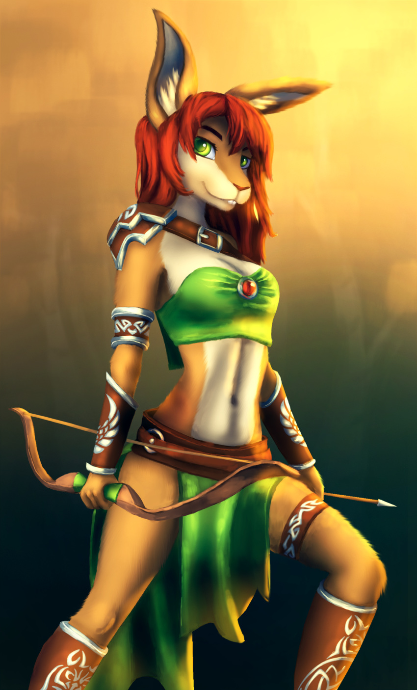 2018 5_fingers anthro arrow bandeau bow breasts clothed clothing digital_media_(artwork) female fur green_eyes hair holding_object holding_weapon lagomorph mammal midriff navel rabbit red_hair shumey smile stanidng tan_fur weapon