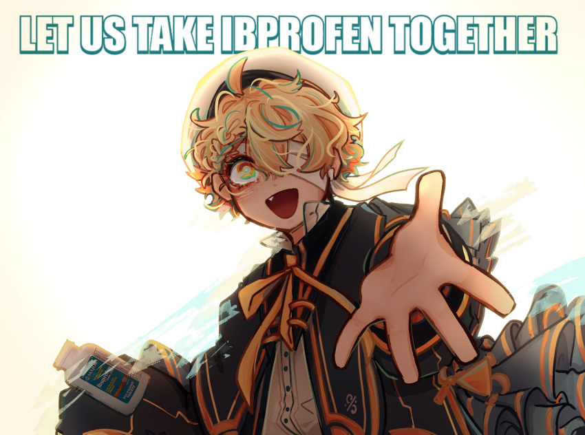 1boy absurdres ahoge bandage_over_one_eye bandages blonde_hair blue_capelet blue_jacket capelet commentary english_commentary fang hat highres holding ibuprofen impact_(font) jacket let's_take_ibuprofen_together_(meme) maghni_ai male_focus meme oliver_(maghni_ai) oliver_(vocaloid) open_mouth outstretched_hand pill_bottle reaching reaching_towards_viewer ribbon sailor_hat shirt short_hair smile solo tsururoach vocaloid white_shirt yellow_eyes yellow_ribbon