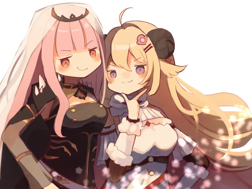 2girls :3 ahoge animal_ears black_cape black_dress blonde_hair blunt_bangs cape detached_sleeves dress hair_ornament hairpin highres hololive hololive_english horns long_hair mori_calliope mori_calliope_(1st_costume) multiple_girls pink_hair purple_eyes red_eyes seblueka see-through see-through_sleeves sheep_ears sheep_girl sheep_horns sidelocks single_sleeve smile spiked_cape tsunomaki_watame tsunomaki_watame_(1st_costume) veil virtual_youtuber white_dress