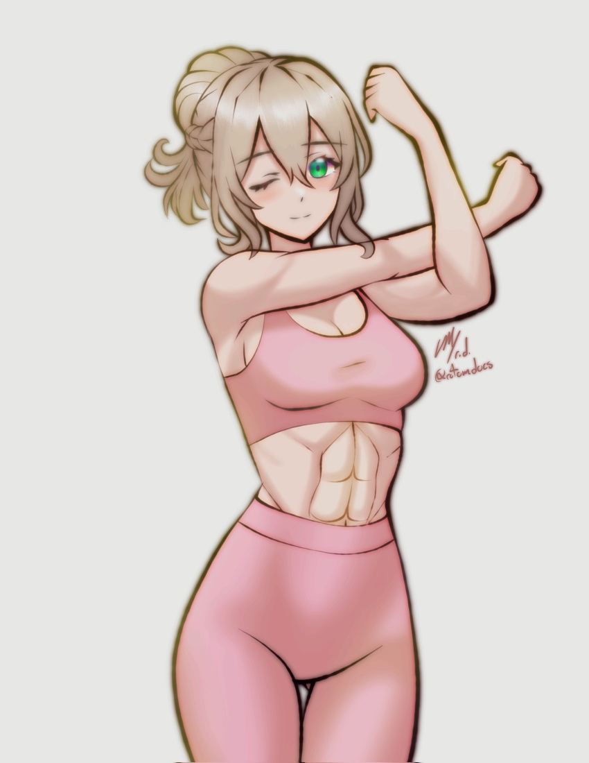 abs bare_shoulders commission effie_(fire_emblem) fire_emblem fire_emblem_fates green_eyes grey_hair hair_bun highres looking_at_viewer midriff one_eye_closed pants pink_sports_bra rotomdocs single_hair_bun sports_bra sportswear yoga_pants