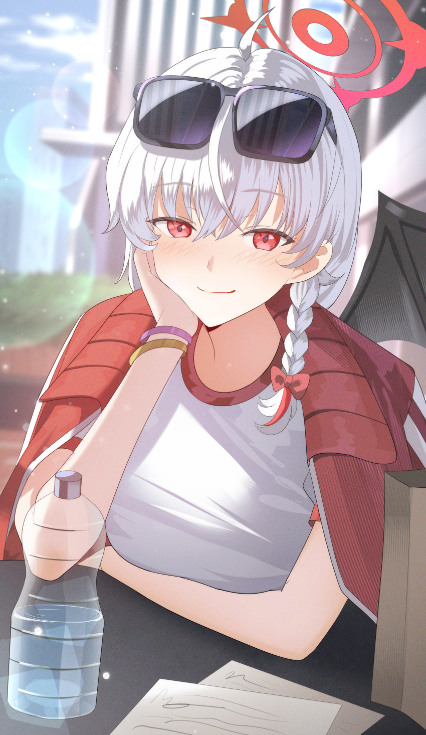 1girl absurdres black_wings blue_archive blush bottle braid breasts closed_mouth day demon_wings eyewear_on_head fake_wings grey_hair gym_shirt gym_uniform hair_between_eyes halo haruna_(blue_archive) haruna_(track)_(blue_archive) highres jacket jacket_on_shoulders large_breasts long_hair looking_at_viewer official_alternate_costume outdoors paper red_eyes red_halo shirt side_braid single_wing smile solo sunglasses sysen track_jacket water water_bottle white_shirt wings
