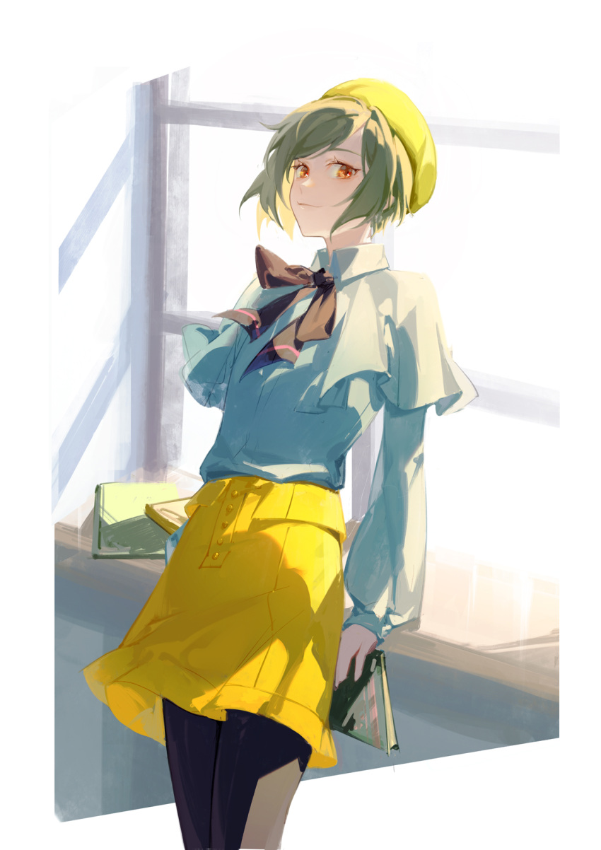 1boy a3! androgynous black_pantyhose book buttons chinese_commentary closed_mouth green_hair grey_shirt hat highres holding holding_book lirisy long_sleeves looking_at_viewer male_focus orange_eyes pantyhose rurikawa_yuki shirt short_hair skirt solo sunlight window windowsill yellow_headwear yellow_skirt