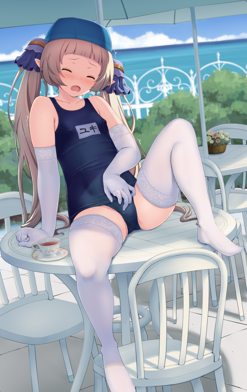 1boy arm_support blue_one-piece_swimsuit blunt_bangs bulge chair clenched_hand closed_eyes collarbone commentary_request commission covered_nipples cup d: day dutch_angle elbow_gloves facing_viewer gloves grey_hair highres knee_up lace-trimmed_gloves lace-trimmed_thighhighs lace_trim leaning_back long_hair male_focus male_masturbation masturbation masturbation_through_clothes name_tag nishiyama_maruta old_school_swimsuit on_table one-piece_swimsuit open_mouth otoko_no_ko outdoors paid_reward_available parasol pixiv_commission princess_connect! public_indecency public_masturbation school_swimsuit shade sitting solo spread_legs sweat swim_cap swimsuit table tea teacup tearing_up thighhighs trembling twintails umbrella variant_set white_gloves white_thighhighs yuki_(princess_connect!)