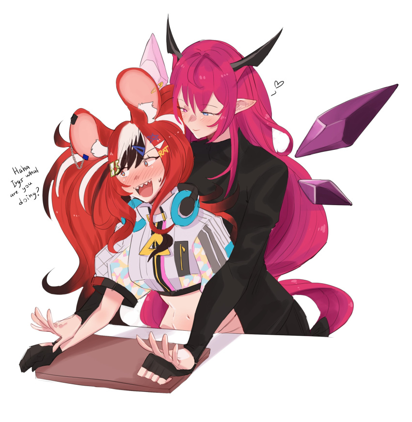 absurdres animal_ears black_hair blue_eyes blush english_text hair_ornament hakos_baelz hakos_baelz_(casual) headphones headphones_around_neck heterochromia highres hololive hololive_english horns irys_(hololive) long_hair midriff mouse_ears mouse_girl multicolored_hair multiple_girls pointy_ears purple_hair red_hair streaked_hair twintails very_long_hair virtual_youtuber white_background white_hair yorobisan yuri