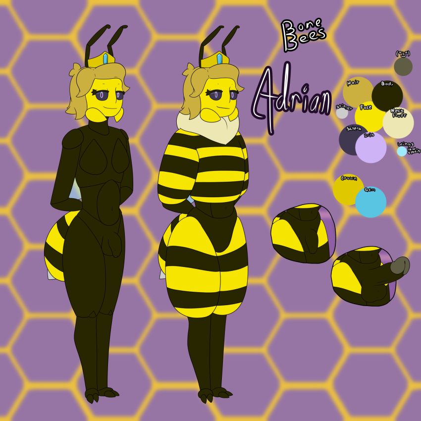 1:1 2024 adrian_(bonebees) antennae_(anatomy) anthro arthropod balls bee blonde_hair bonebees clothing color_swatch crown dark_sclera digital_drawing_(artwork) digital_media_(artwork) erection exoskeleton eyelashes foreskin full-length_portrait genitals hair headgear hi_res honeycomb_(pattern) honeycomb_background hymenopteran insect legwear lenny_face male mandibles meme model_sheet multicolored_body neck_tuft nude pattern_background pattern_clothing pattern_legwear penis portrait purple_eyes simple_background solo stinger_(anatomy) striped_clothing striped_legwear stripes thorax tuft two_tone_body watermark wings