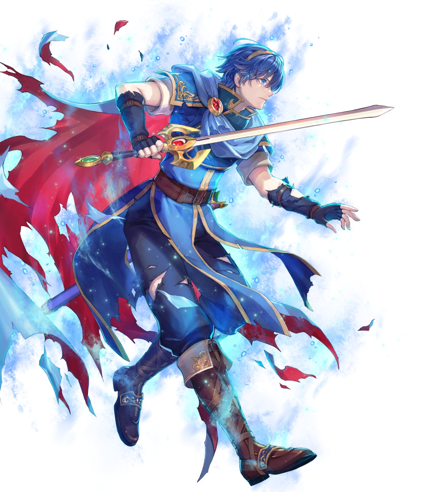 1boy aura blue_aura blue_cape blue_eyes blue_hair cape damaged fingerless_gloves fire_emblem fire_emblem:_mystery_of_the_emblem fire_emblem_engage fire_emblem_heroes floating gloves highres marth_(emblem)_(fire_emblem) marth_(fire_emblem) multicolored_cape multicolored_clothes non-web_source red_cape solo sword tiara torn_cape torn_clothes weapon