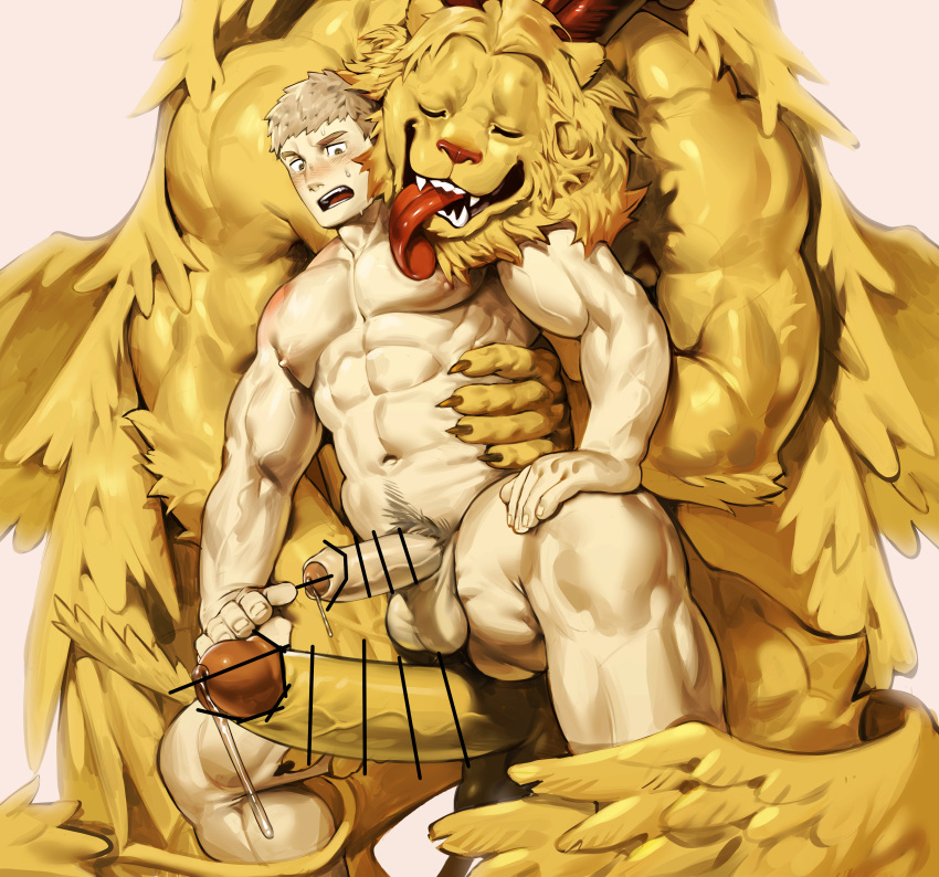 2boys abs absurdres bar_censor bara blonde_hair censored claws closed_eyes commentary completely_nude demon_horns dungeon_meshi english_commentary erection foreskin furry furry_with_non-furry hand_on_own_leg highres holding horns hug hug_from_behind huge_penis interspecies laios_thorden large_pectorals licking licking_pectoral light_blush lion lion_boy male_focus multiple_boys muscular muscular_male navel navel_hair nipples nude pectorals penis penis_size_difference precum size_difference stomach strongman_waist surprised uza_(hellme) winged_lion_(dungeon_meshi) wings yaoi yellow_eyes