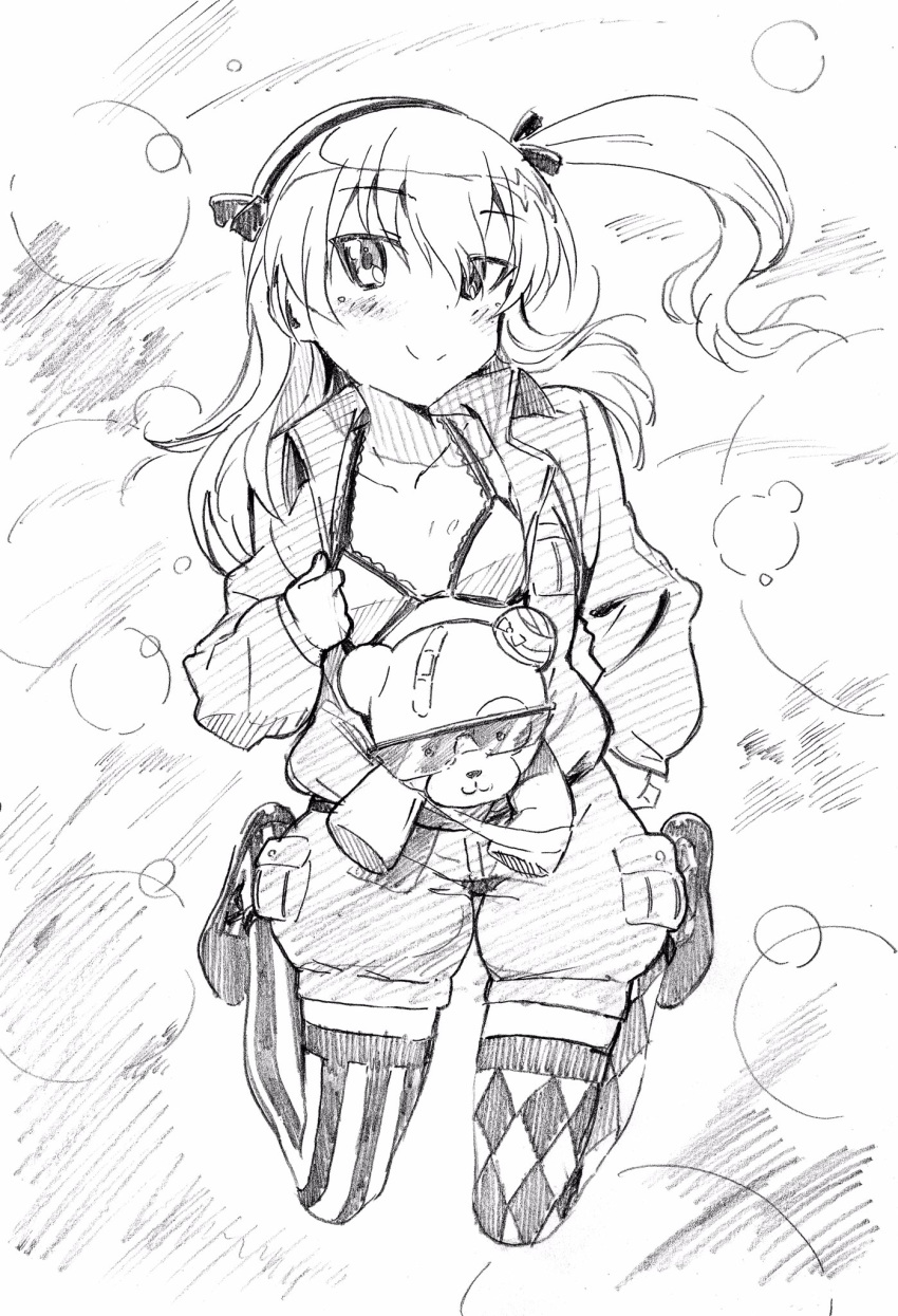 argyle argyle_legwear bandages bangs bikini boko_(girls_und_panzer) breasts bubble closed_mouth commentary eyebrows_visible_through_hair frilled_bikini frills full_body girls_und_panzer graphite_(medium) greyscale hair_ribbon head_tilt highres jumping light_blush long_hair long_sleeves looking_at_viewer mismatched_legwear monochrome open_clothes opened_by_self pink_x print_legwear ribbon shimada_arisu shoes short_jumpsuit side_ponytail small_breasts smile solo striped striped_legwear stuffed_animal stuffed_toy sunglasses swimsuit teddy_bear thighhighs traditional_media vertical-striped_legwear vertical_stripes