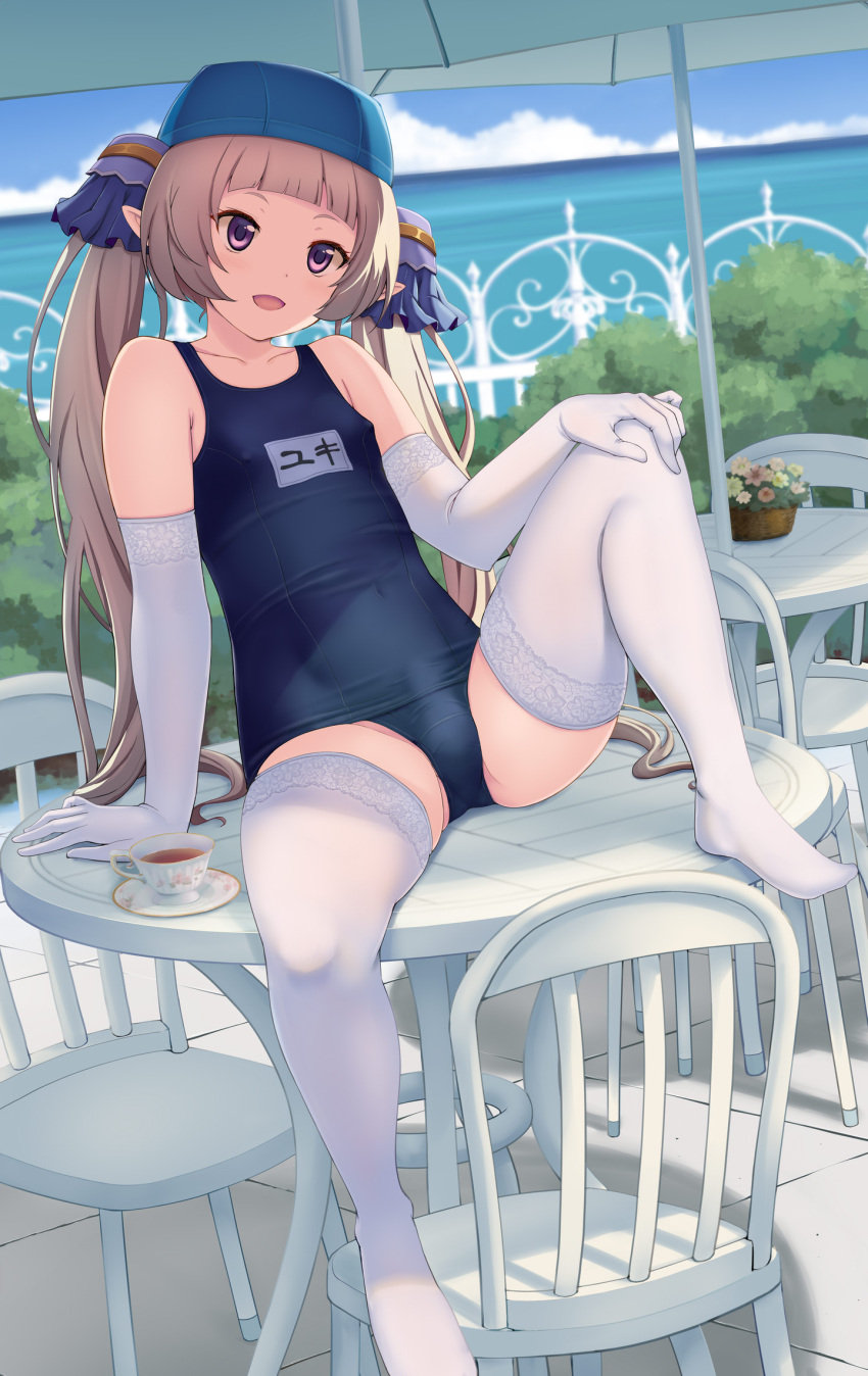 1boy :d arm_support blue_one-piece_swimsuit blunt_bangs blush bulge chair collarbone commentary_request commission covered_navel covered_nipples covered_penis cup day dutch_angle elbow_gloves gloves grey_hair hand_on_own_knee highres knee_up lace-trimmed_gloves lace-trimmed_thighhighs lace_trim leaning_back long_hair looking_at_viewer male_focus name_tag nishiyama_maruta old_school_swimsuit on_table one-piece_swimsuit otoko_no_ko outdoors paid_reward_available parasol pixiv_commission pointy_ears princess_connect! purple_eyes school_swimsuit shade sitting smile solo spread_legs swim_cap swimsuit table taut_clothes taut_swimsuit tea teacup thighhighs tile_floor tiles twintails umbrella variant_set white_gloves white_thighhighs yuki_(princess_connect!)