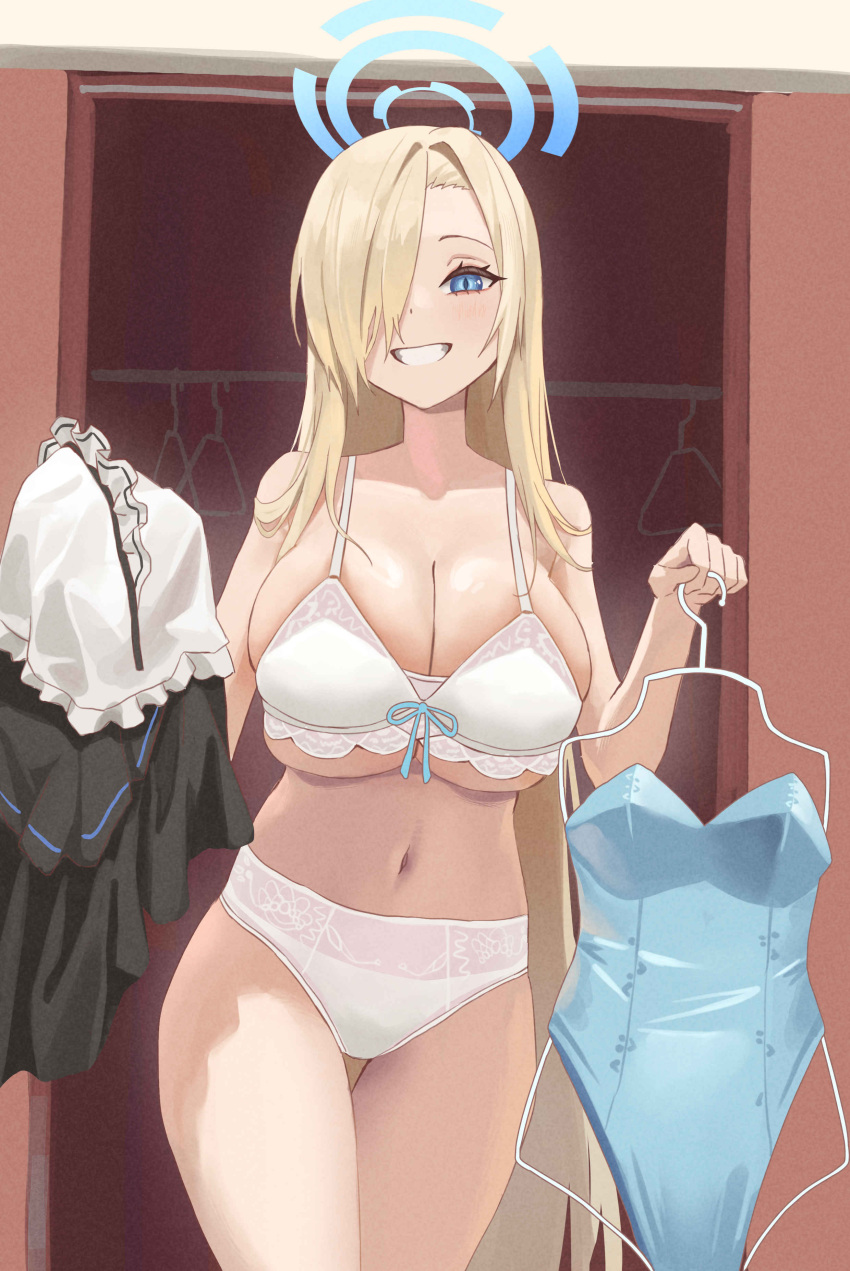 1girl absurdres alternate_hair_color asuna_(blue_archive) asymmetrical_bangs bare_shoulders blonde_hair blue_archive blue_eyes blue_halo bow bow_bra bra breasts cleavage closet clothes_hanger collarbone contrapposto cowboy_shot grin hair_intakes hair_over_one_eye halo highres holding holding_clothes holding_leotard huge_breasts lace-trimmed_bra lace_trim large_breasts leaning_forward long_hair looking_at_viewer navel panties shiny_skin skindentation smile solo thigh_gap thighs toska_loka underboob undersized_breast_cup undersized_clothes underwear very_long_hair white_bra white_panties