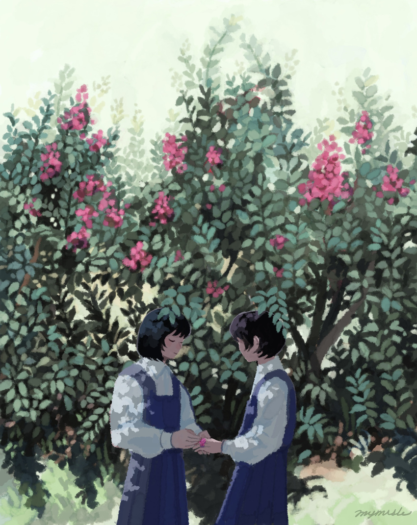 2girls absurdres black_hair blue_dress closed_eyes commentary_request cowboy_shot dappled_sunlight dress flower highres holding_hands light_smile long_sleeves miyamori_she multiple_girls original pale_color pinafore_dress pink_flower plant purple_hair shirt short_hair signature sleeveless sleeveless_dress standing sunlight tree under_tree white_shirt