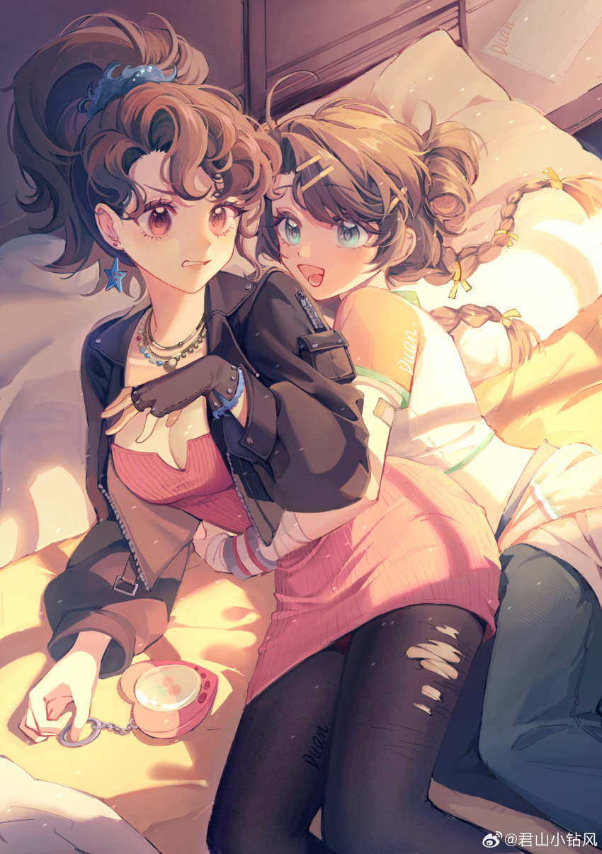 2girls :d absurdres bandaged_arm bandages black_jacket black_pantyhose blue_eyes blue_pants blue_scrunchie blue_wristband braid breasts brown_gloves brown_hair chuanhe_duanduanzi cleavage clenched_teeth clothes_around_waist desert_flannel double_bun dress earrings fingerless_gloves gauze gauze_on_arm gloves hair_bun hair_ornament hair_scrunchie hairclip hand_up handheld_game_console highres hug hug_from_behind indoors jacket jewelry leather leather_jacket long_hair looking_ahead looking_at_viewer low_twin_braids lying midriff multiple_girls necklace on_bed on_side open_clothes open_jacket pants pantyhose pencil_dress pillow ponytail red_dress reverse:1999 scrunchie shirt short_dress short_hair single_earring single_glove smile spathodea_(reverse:1999) star_(symbol) star_earrings t-shirt teeth torn_clothes torn_pantyhose twin_braids weibo_logo weibo_username white_shirt window_shade yuri