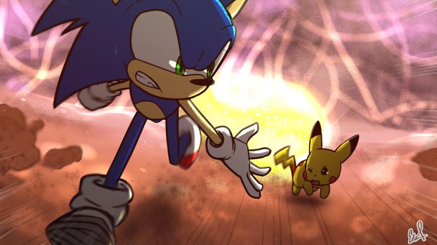 all_fours blaketheflareon green_eyes hedgehog male mammal nintendo pikachu pok&eacute;mon pok&eacute;mon_(species) running sonic_(series) sonic_the_hedgehog super_smash_bros super_smash_bros._ultimate video_games