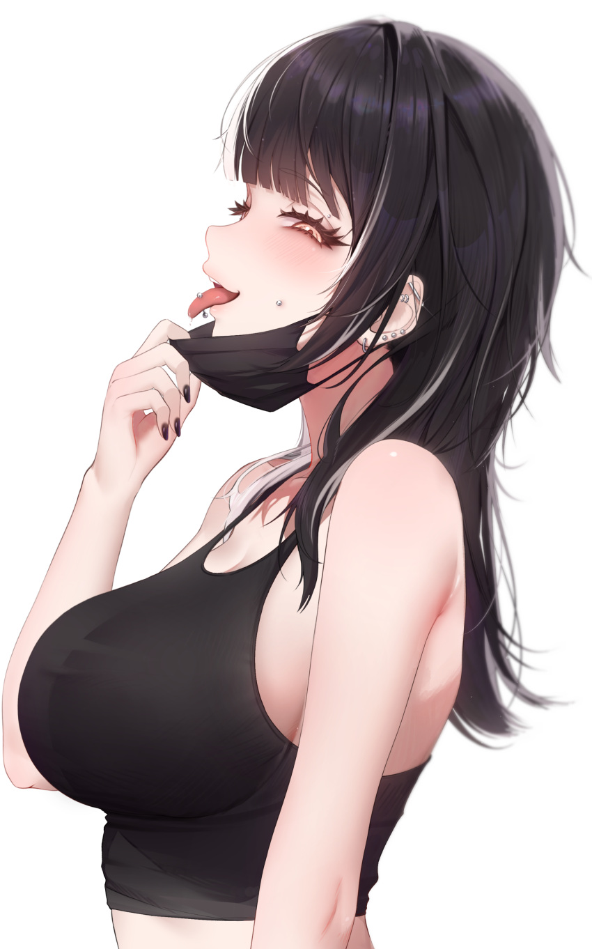 1girl absurdres barbell_piercing black_hair black_nails black_tank_top breasts crop_top from_side half-closed_eyes highres hololive hololive_english large_breasts long_hair looking_at_viewer multicolored_hair multiple_piercings piercing prab shiori_novella sideways_glance simple_background solo split-color_hair tank_top tongue tongue_out tongue_piercing upper_body virtual_youtuber white_background white_hair yellow_eyes