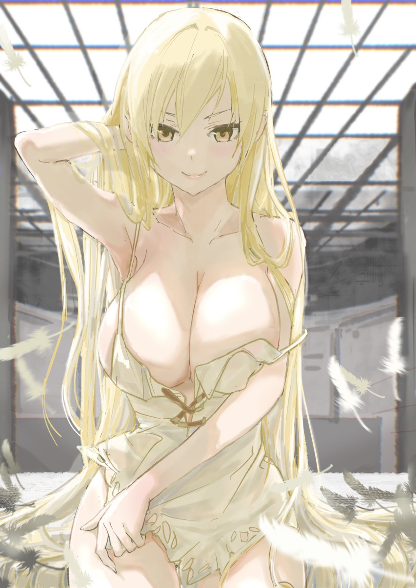 1girl armpits blonde_hair blurry blurry_background breasts closed_mouth collarbone commentary dress falling_feathers hand_in_own_hair hand_up highres indoors kiss-shot_acerola-orion_heart-under-blade kizumonogatari large_breasts long_hair looking_at_viewer monogatari_(series) oshino_shinobu short_dress sitting sleeveless sleeveless_dress smile solo strap_slip usa003uni very_long_hair white_dress yellow_eyes