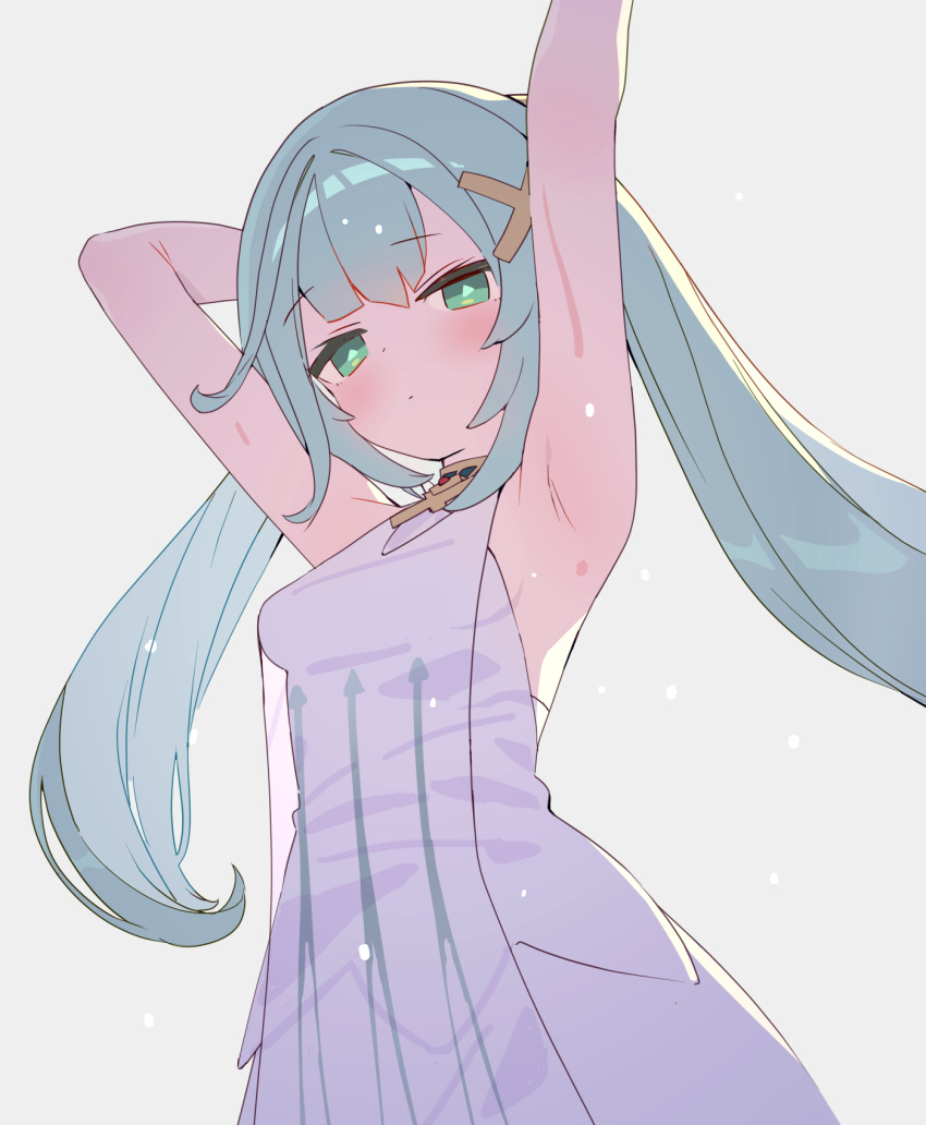 1girl aqua_eyes aqua_hair armpits arms_up bare_arms bare_shoulders commentary_request dress faruzan_(genshin_impact) genshin_impact grey_background highres long_hair looking_at_viewer simple_background sleeveless sleeveless_dress solo twintails upper_body very_long_hair white_dress zenshin