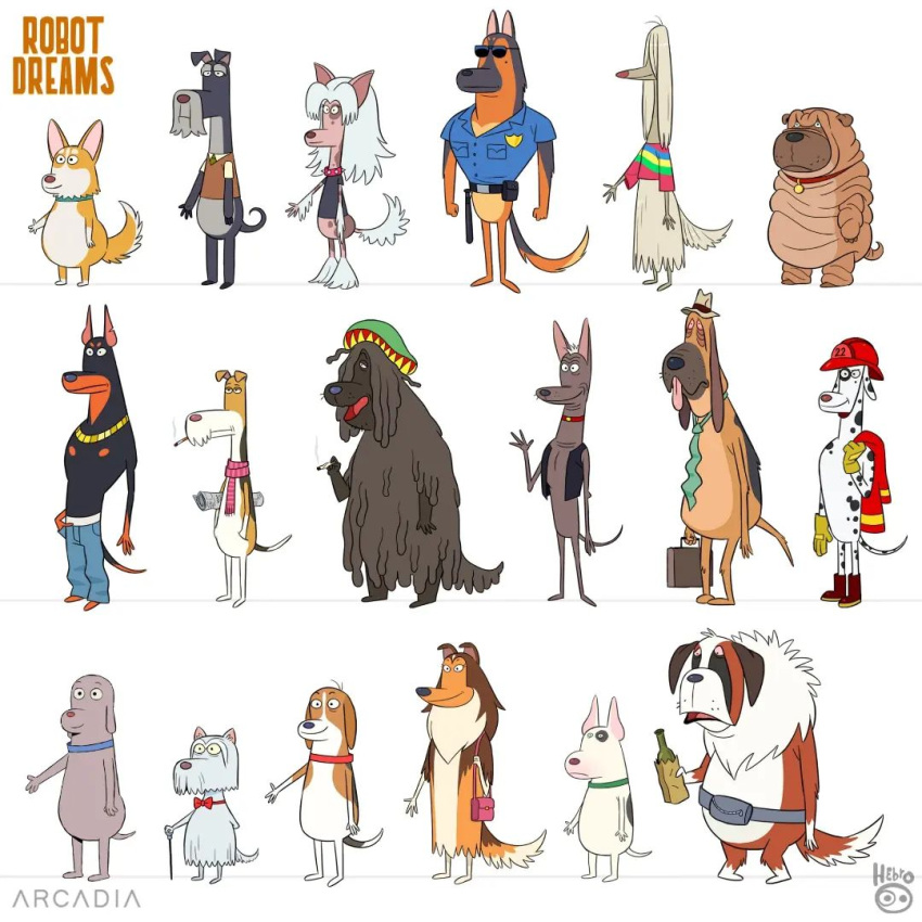 anthro bottomless bow_tie canid canine canis chain clothed clothing collar collie dalmatian daniel_fernandez_casas dog_(robot_dreams) domestic_dog eyewear female firefighter gold_(metal) gold_chain hat headgear headwear herding_dog hunting_dog male mammal model_sheet necktie official_art pastoral_dog police robot_dreams scarf scent_hound sheepdog smoking sunglasses terrier topless welsh_corgi