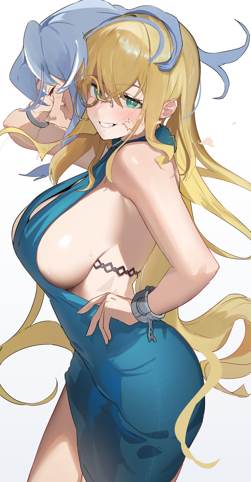 1girl absurdres ako_(blue_archive) ako_(blue_archive)_(cosplay) ako_(dress)_(blue_archive) blonde_hair blue_dress blush breasts commission cosplay cowboy_shot cuffs disguise dress green_eyes grin hair_between_eyes hand_on_own_hip handcuffs highres large_breasts long_hair original pixiv_commission sideboob simple_background sleeveless sleeveless_dress smile solo uouokuma white_background