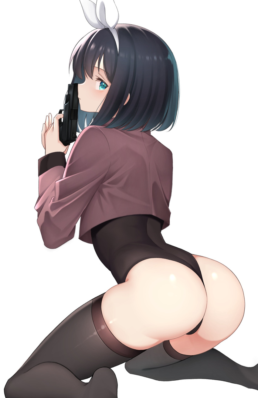 1girl absurdres ass black_hair black_leotard black_thighhighs bow bow_hairband brown_jacket closed_mouth cropped_jacket finger_on_trigger foot_out_of_frame green_eyes gun hair_between_eyes hairband handgun highres holding holding_gun holding_weapon jacket kneeling leotard leotard_under_clothes long_sleeves looking_at_viewer looking_back medium_hair no_shoes original profile simple_background solo thighhighs thong_leotard weapon white_background white_bow white_hairband zero0ex