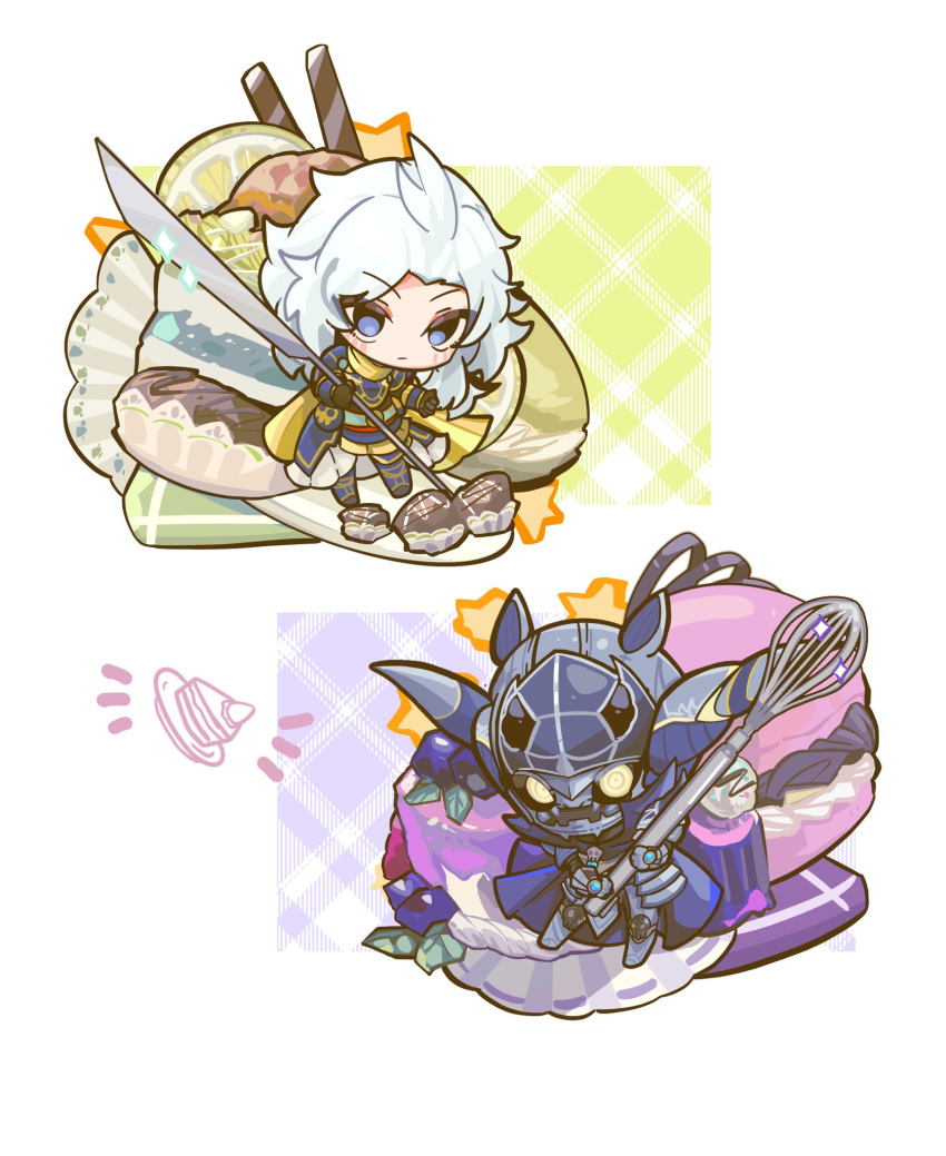 2boys armor blue_eyes blueberry cake cake_slice cape chibi chibi_only chocolate closed_mouth dissidia_final_fantasy fake_horns final_fantasy final_fantasy_i food fruit full_armor garland_(ff1) gloves helmet highres holding holding_knife holding_whisk horned_helmet horns knife lemon lemon_slice long_hair macaron male_focus multiple_boys simple_background warrior_of_light_(ff1) whisk white_hair zhale44119