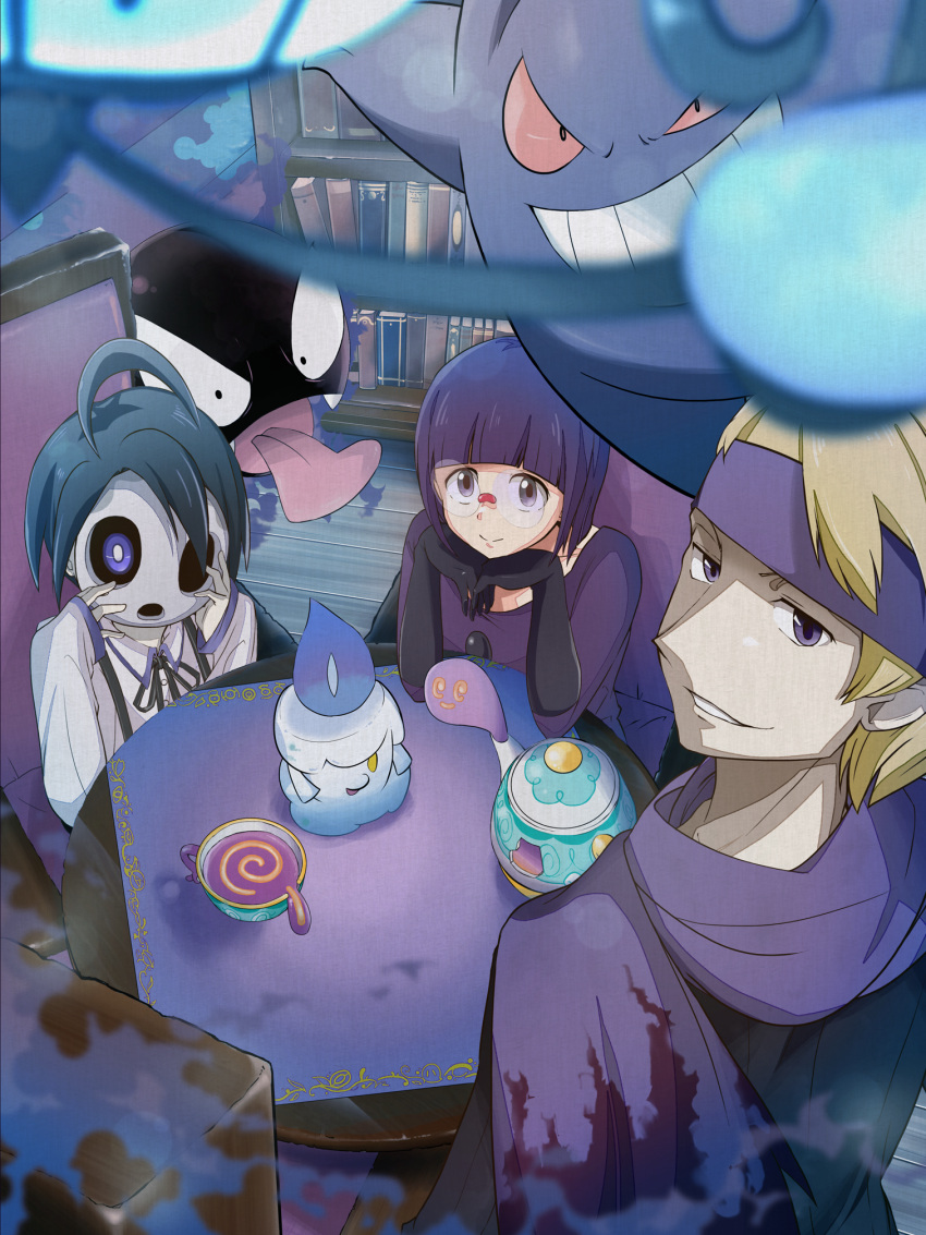 1girl 2boys ahoge allister_(pokemon) alternate_costume black_hair black_sweater blonde_hair blunt_bangs bob_cut buttons chandelure collarbone fire gastly gengar ghost glasses headband highres holding holding_mask ichii_(blackbook0007) litwick mask morty_(pokemon) multiple_boys pokemon pokemon_(creature) pokemon_bw pokemon_hgss pokemon_swsh polteageist purple_fire purple_hair purple_headband purple_scarf purple_skirt rimless_eyewear round_eyewear scarf shauntal_(pokemon) short_hair sinistea skirt suspenders sweater very_short_hair