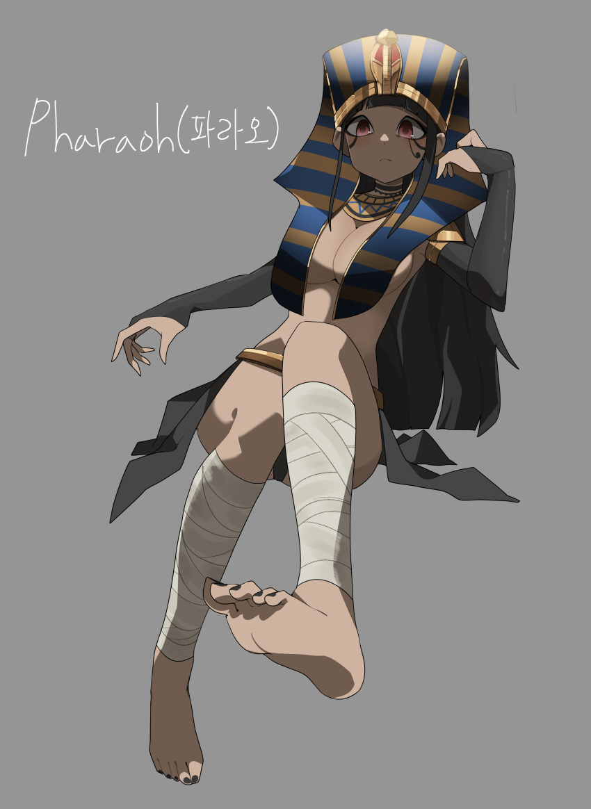 1girl absurdres ancient_egyptian_hat bandaged_leg bandages bare_hips barefoot black_hair black_nails black_skirt breasts bridal_gauntlets brown_eyes cleavage convenient_censoring egyptian egyptian_clothes feet gomulgong grey_background highres long_bangs looking_at_viewer makeup_request medium_breasts monster_girl mummy nail_polish nude original red_eyes shadow skirt soles solo tattoo thong toenail_polish toenails toes